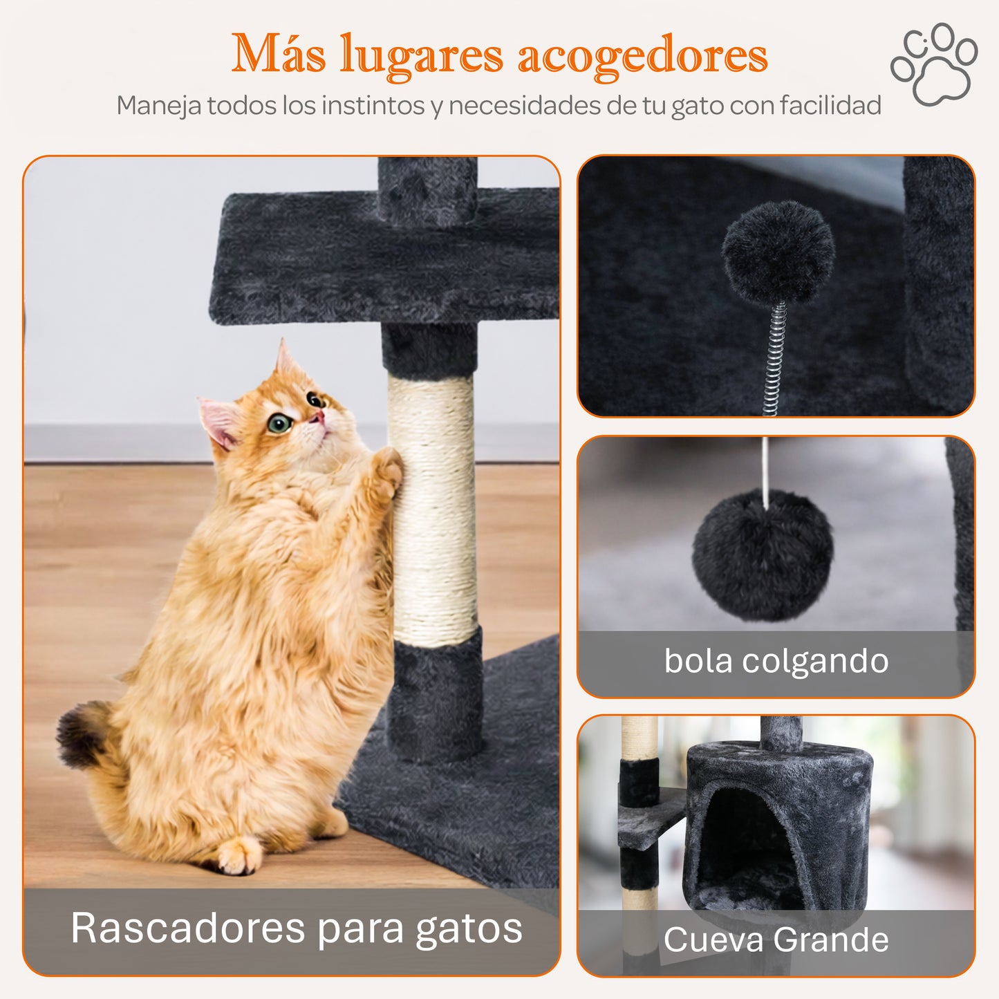 Rascador para gatos con caseta y plataformas 116 cm