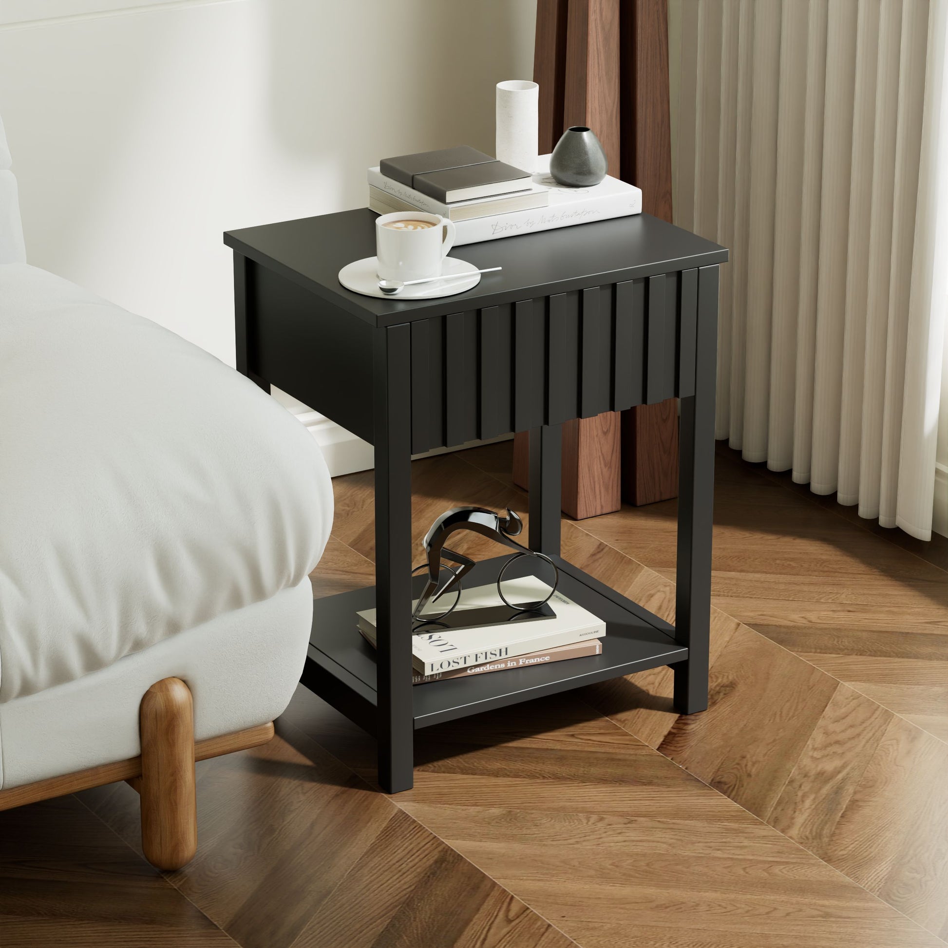 Set de 2 Mesita Auxiliar Moderna Negra con Estante 45-35-56 cm