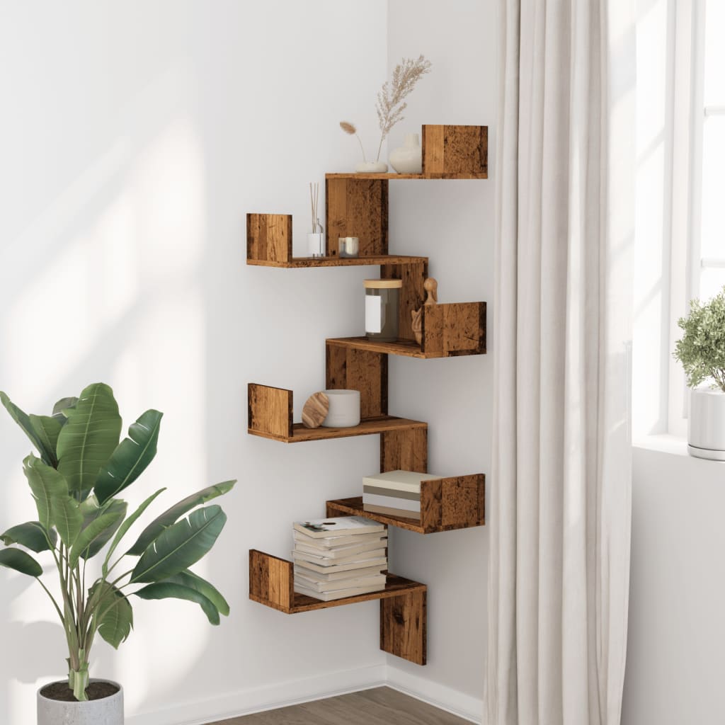 Estantería de pared de esquina madera envejecida
