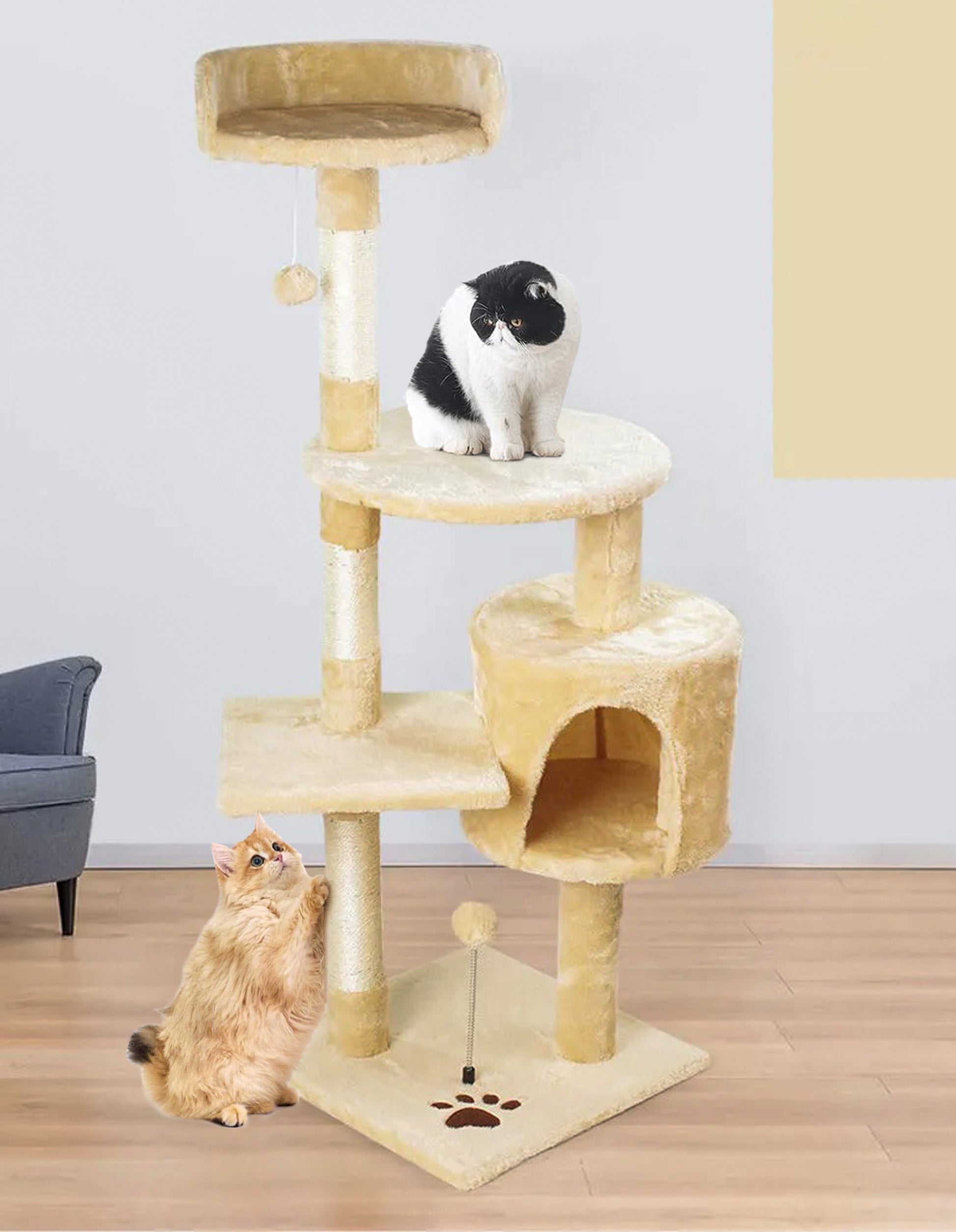 Rascador para gatos beige con cueva y plataformas 116 cm