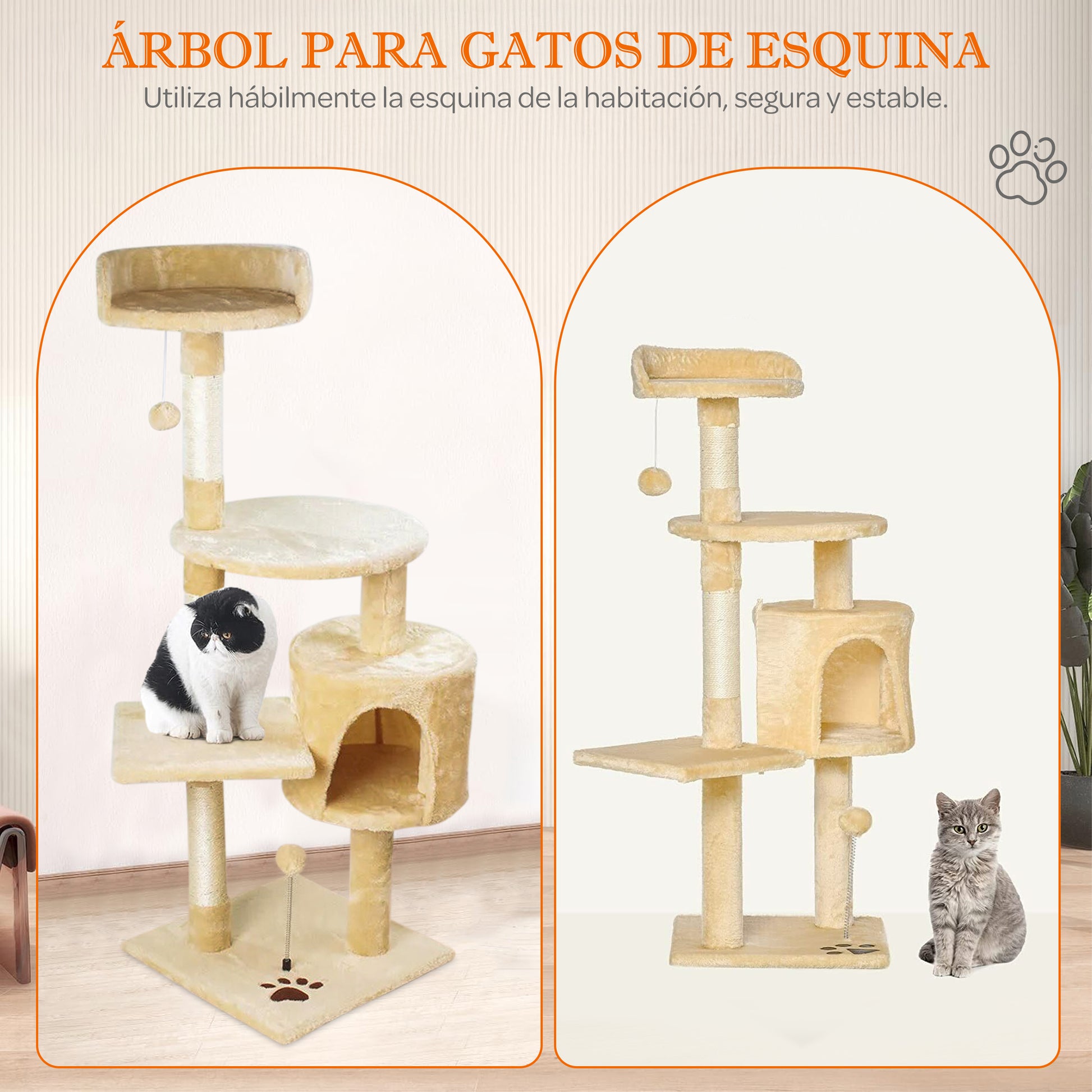 Rascador para gatos beige con cueva y plataformas 116 cm