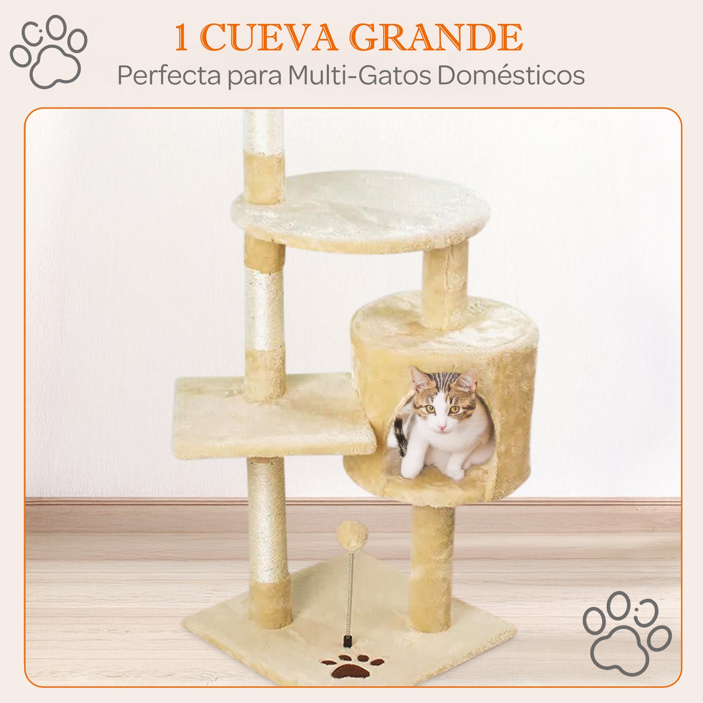Rascador para gatos beige con cueva y plataformas 116 cm
