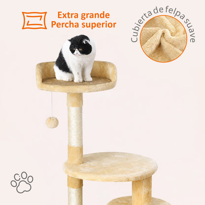 Rascador para gatos beige con cueva y plataformas 116 cm