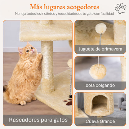 Rascador para gatos beige con cueva y plataformas 116 cm