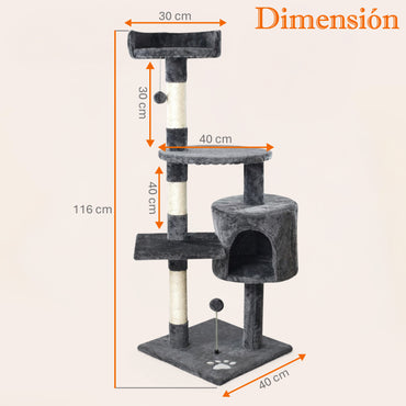 Rascador para gatos con caseta y plataformas 116 cm