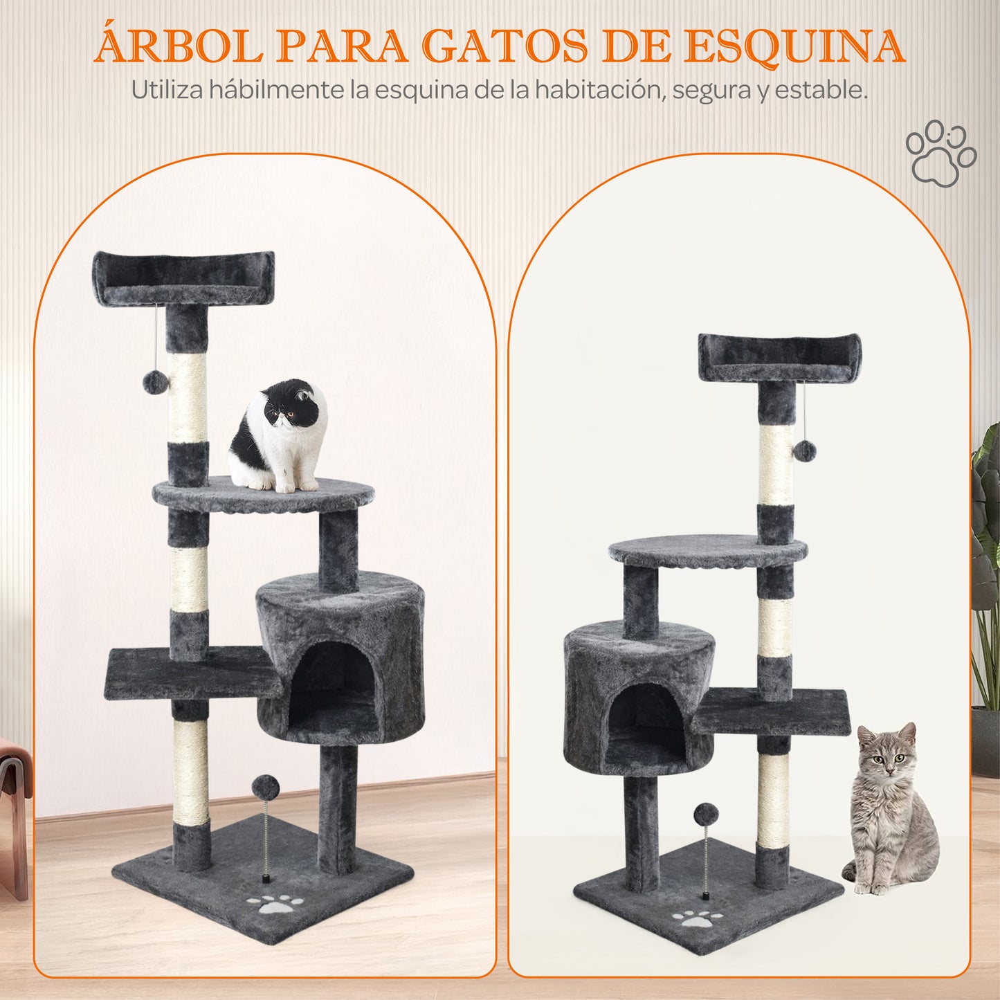 Rascador para gatos con caseta y plataformas 116 cm