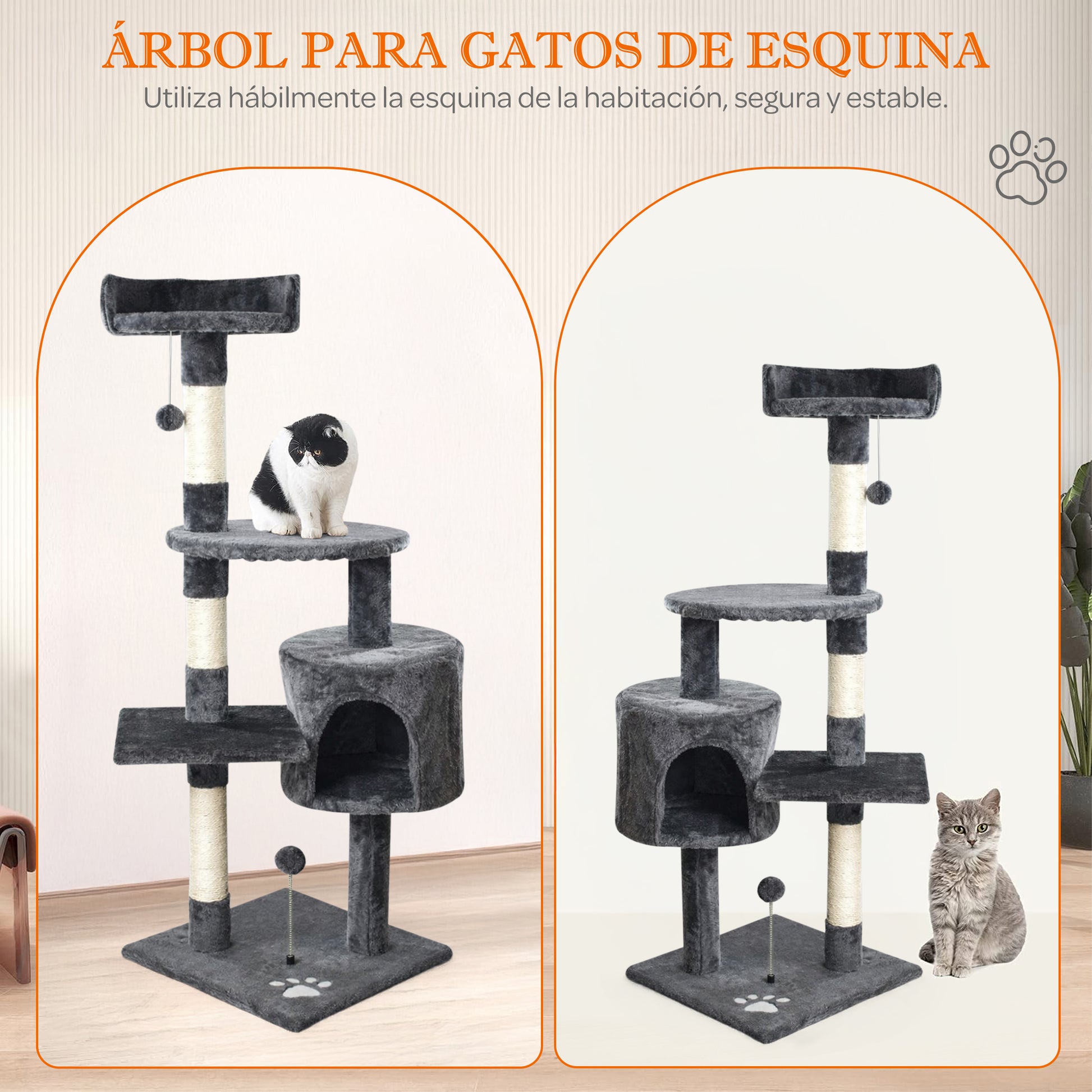 Rascador para gatos con caseta y plataformas 116 cm
