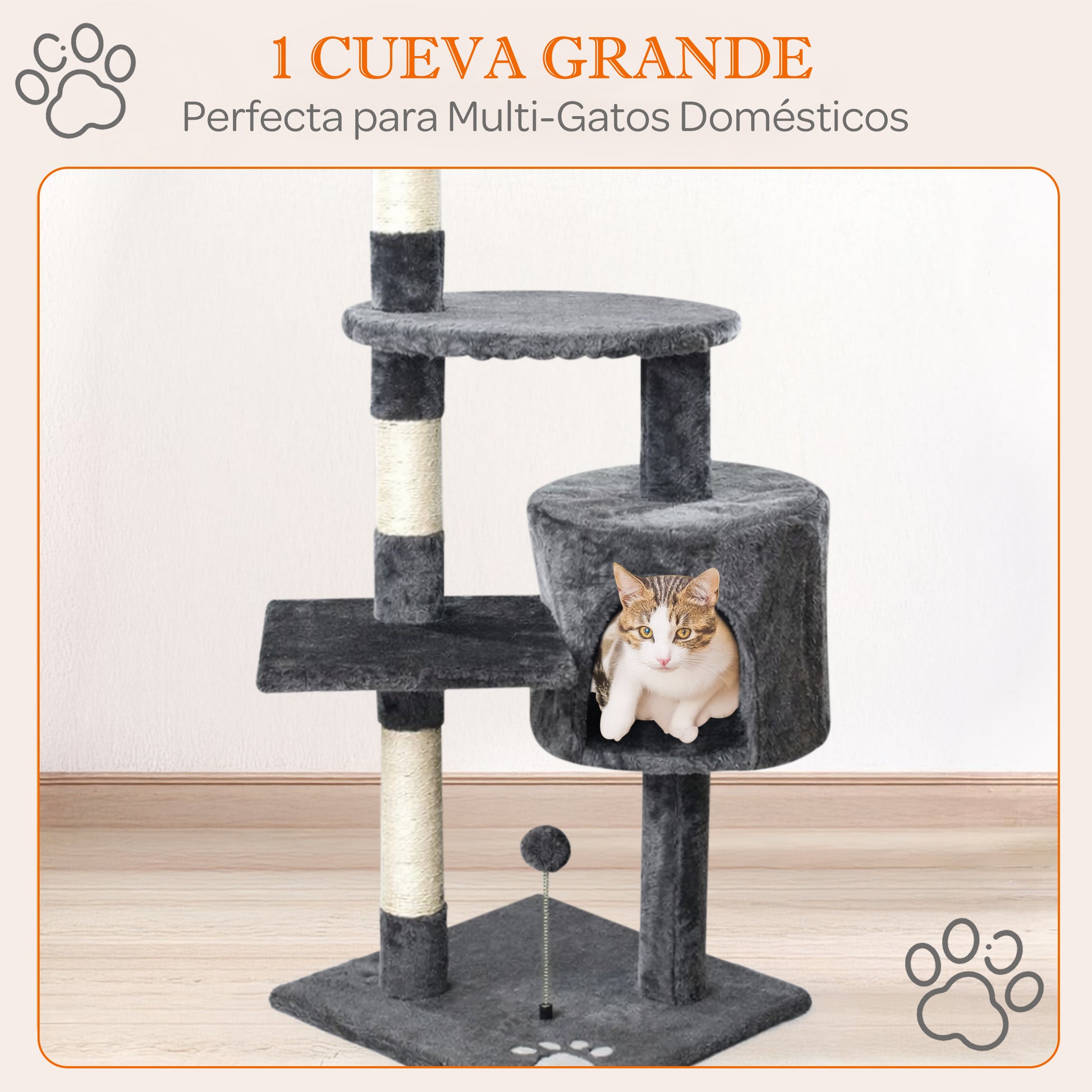 Rascador para gatos con caseta y plataformas 116 cm