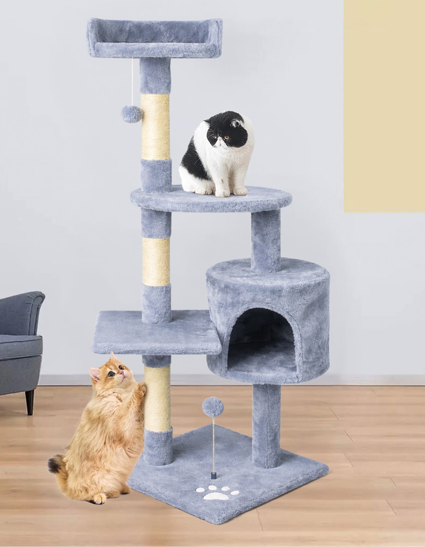 Rascador para gatos grande con cueva y plataformas 116cm