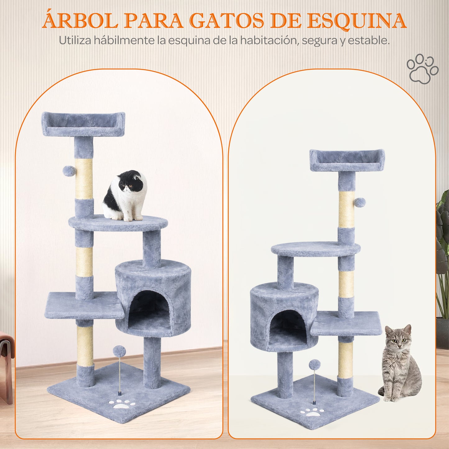 Rascador para gatos grande con cueva y plataformas 116cm