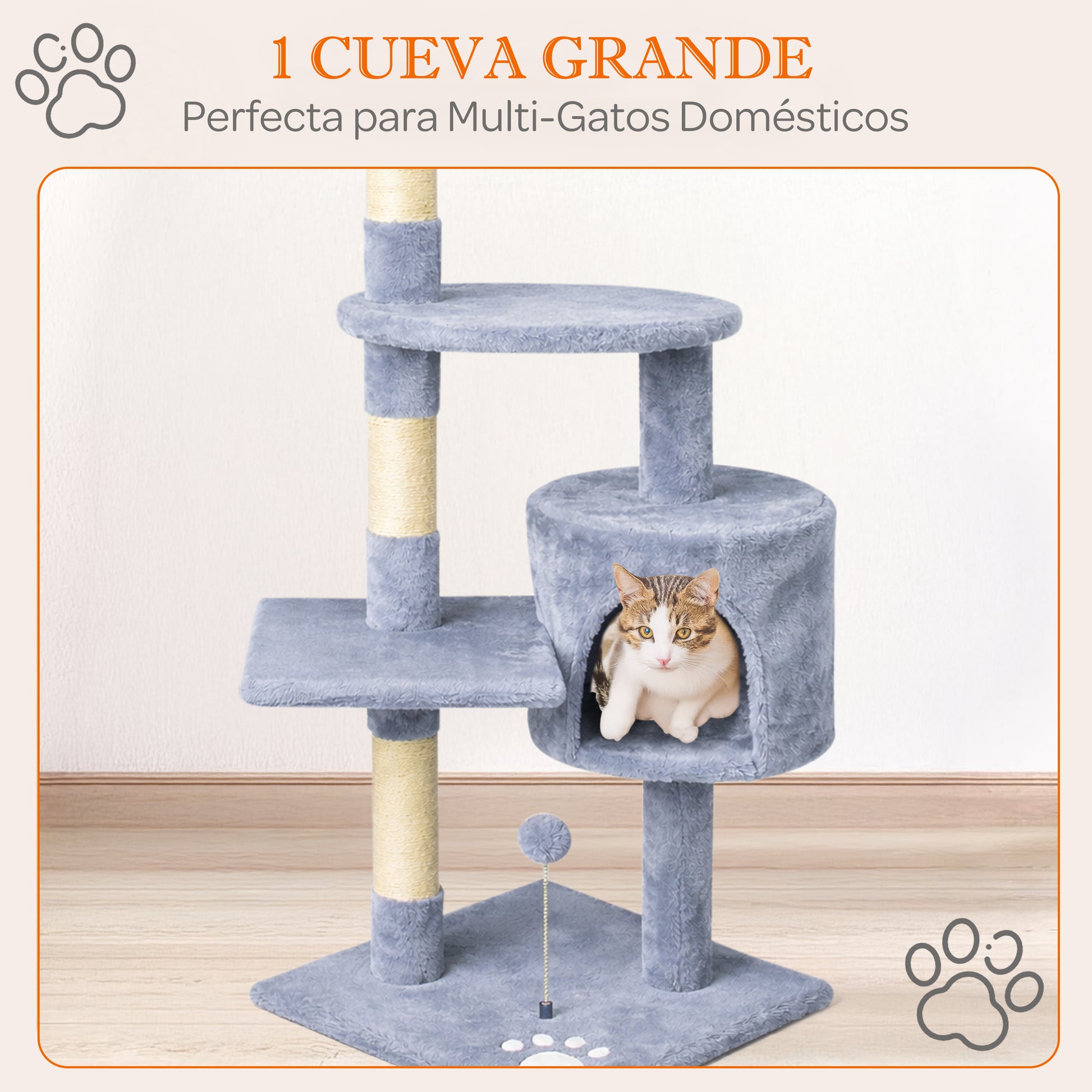 Rascador para gatos grande con cueva y plataformas 116cm