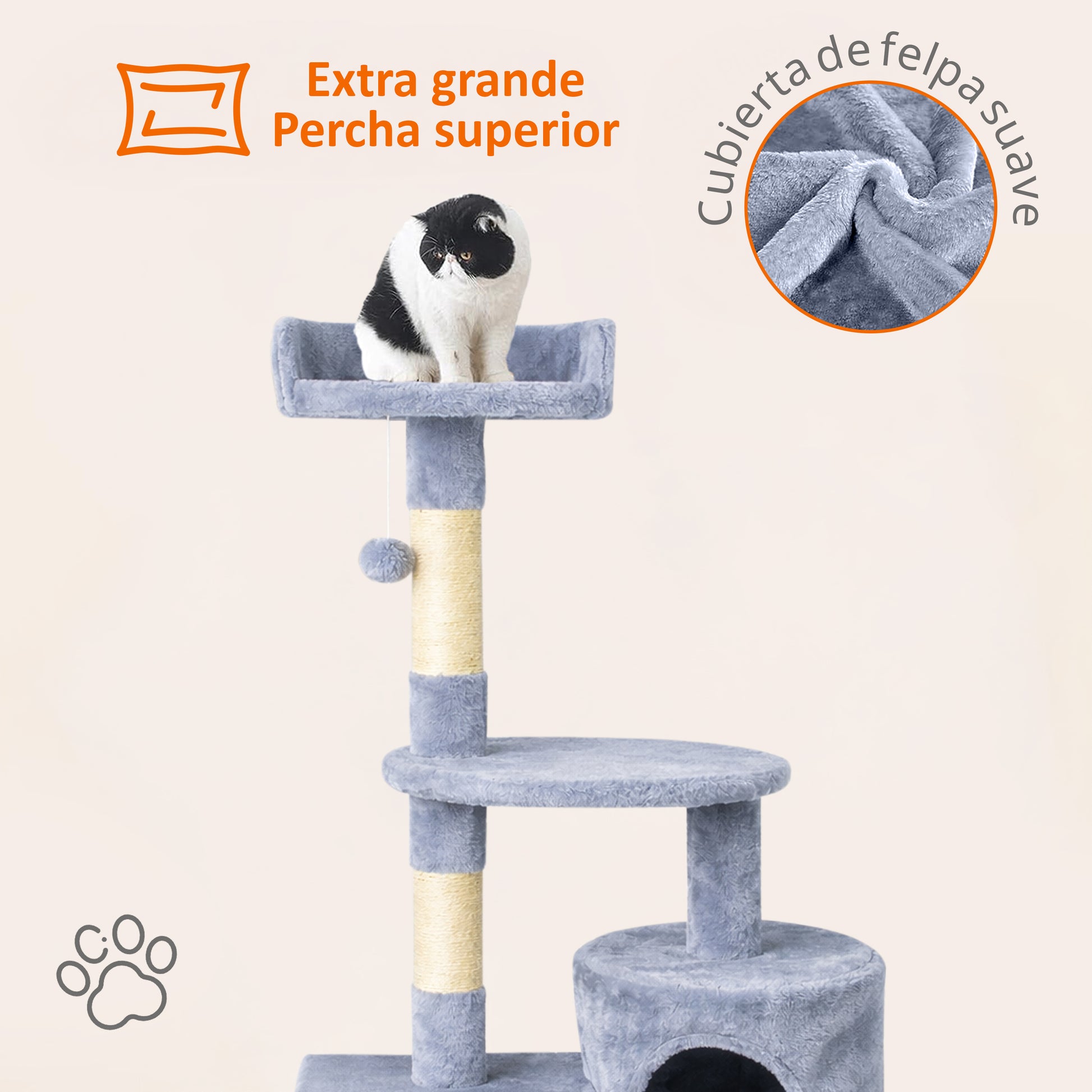 Rascador para gatos grande con cueva y plataformas 116cm
