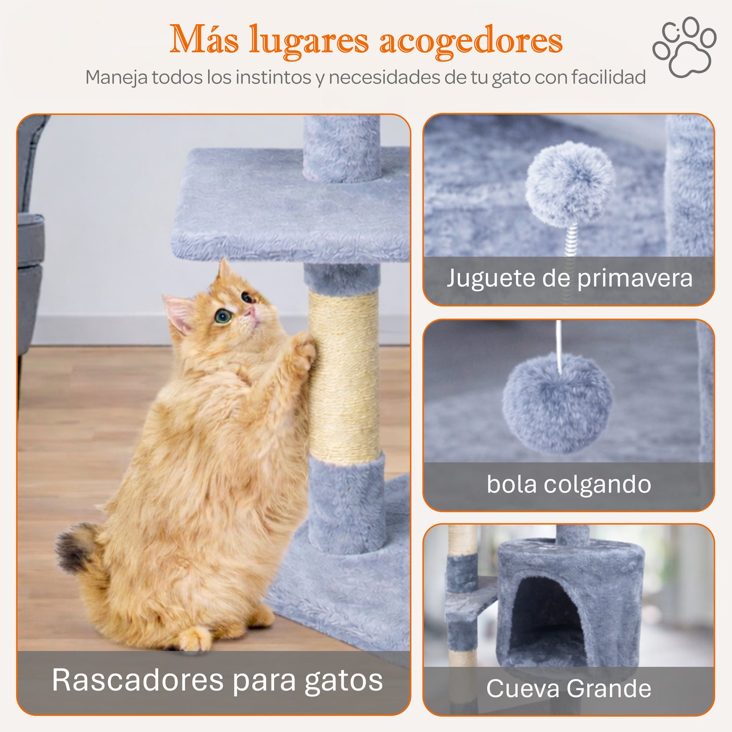 Rascador para gatos grande con cueva y plataformas 116cm