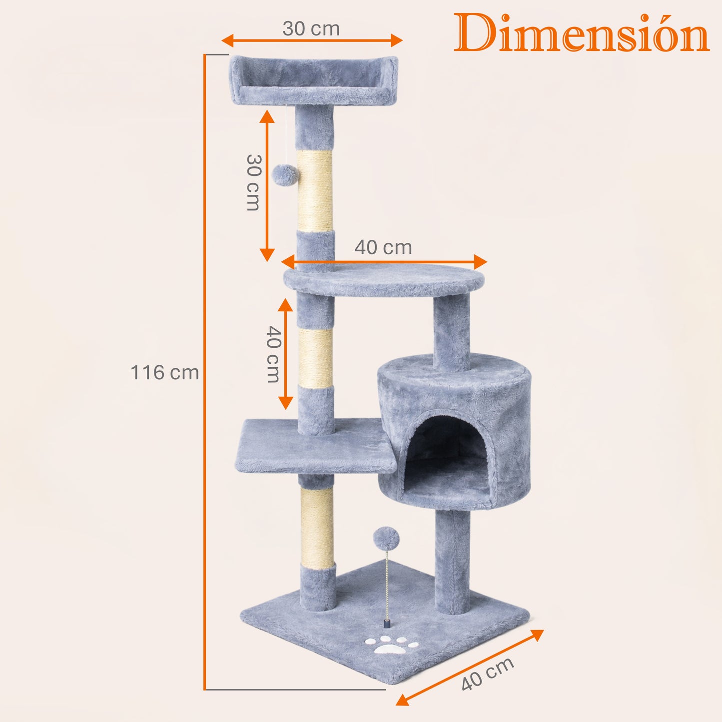 Rascador para gatos grande con cueva y plataformas 116cm