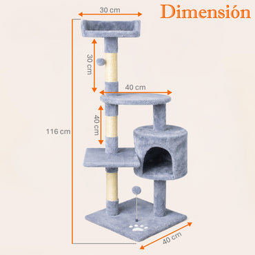Rascador para gatos grande con cueva y plataformas 116cm