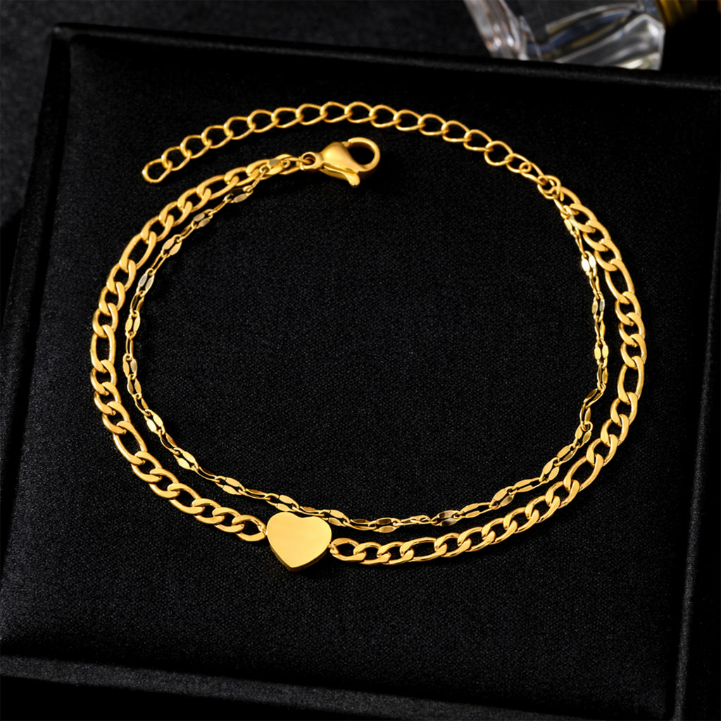 Pulsera Doble Cadena con Corazón en Acero Inoxidable Dorado