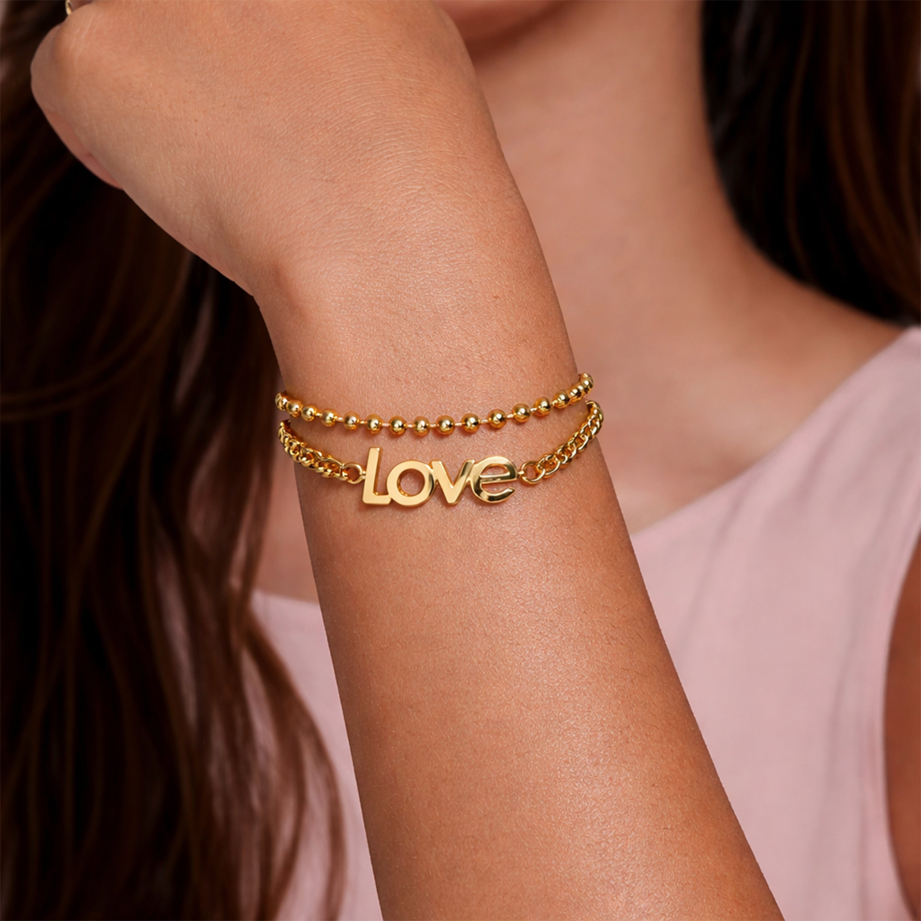 Pulsera Doble Cadena LOVE en Acero Inoxidable Dorado