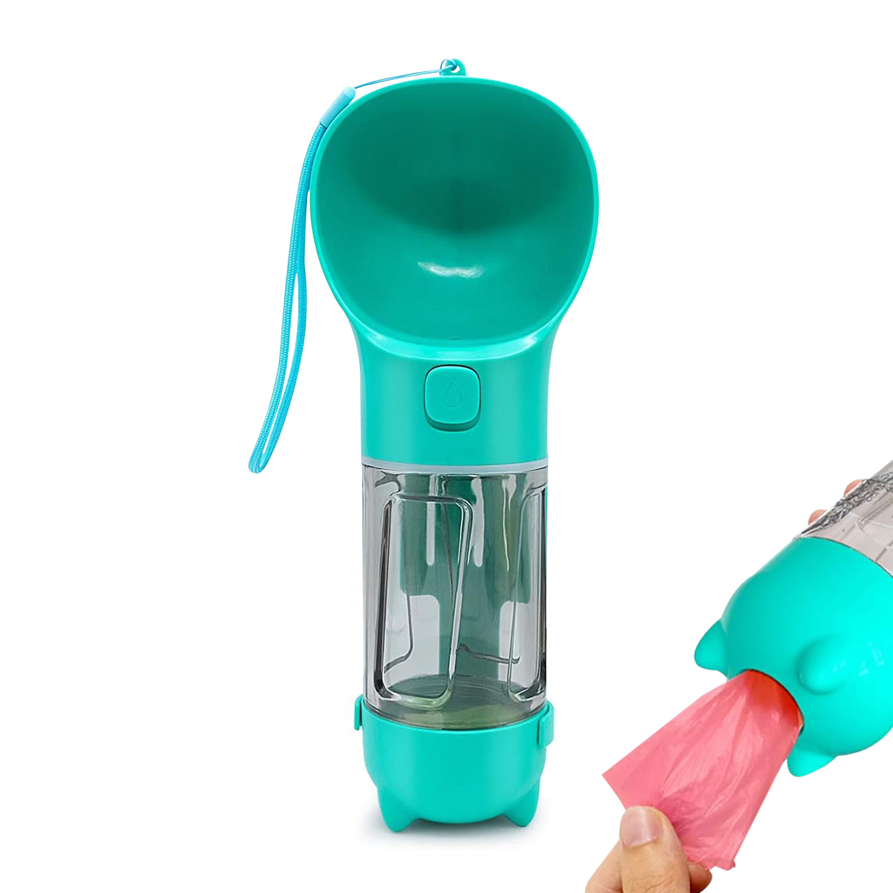 Botella portátil para perros 3 en 1 con bebedero y dispensador de bolsas