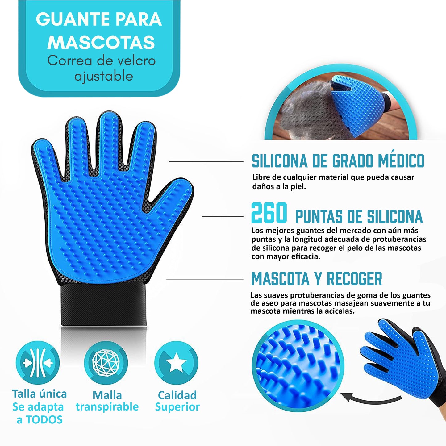 Guante Quitapelos para Mascotas de Silicona – Cepillo Deslanador y Masajeador