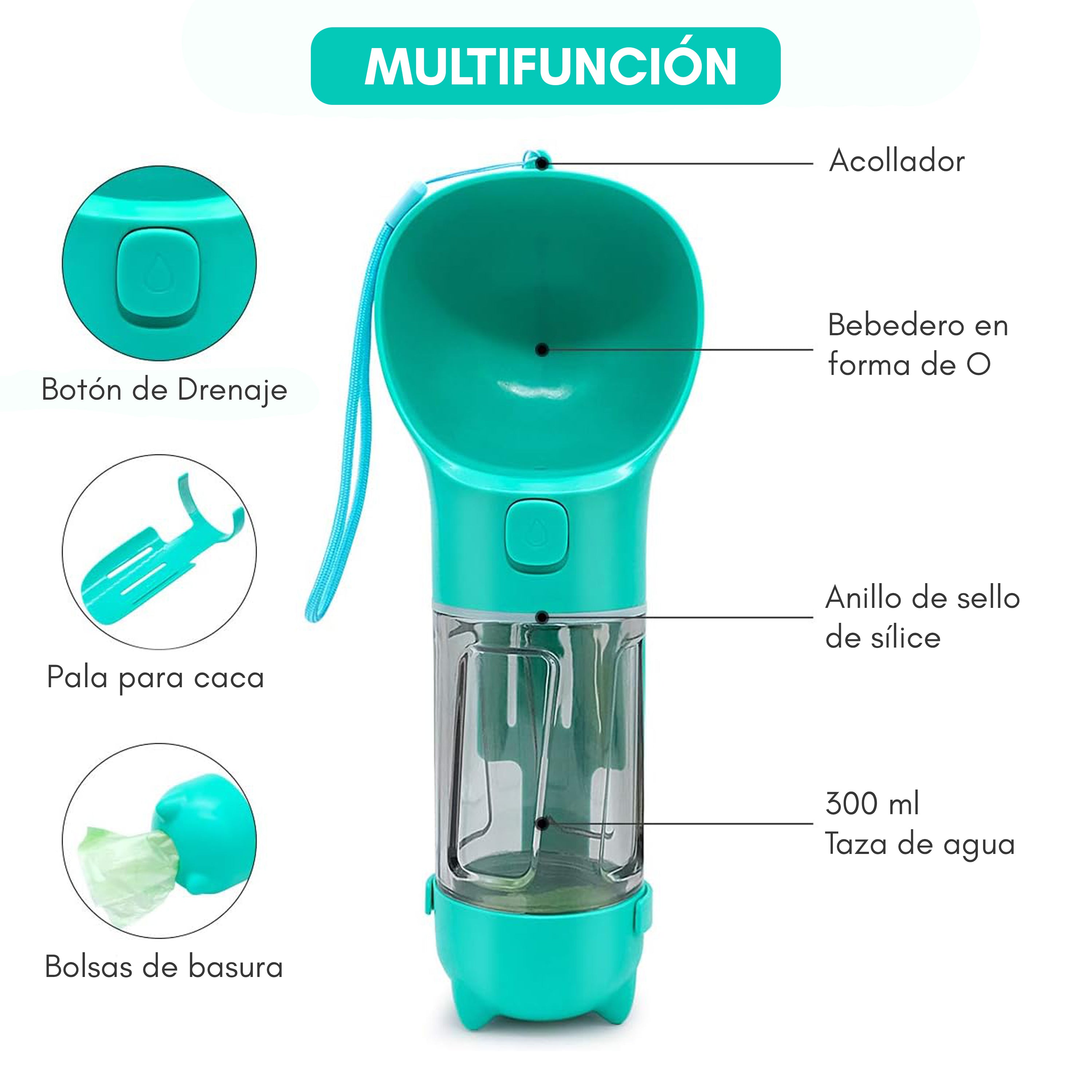Botella portátil para perros 3 en 1 con bebedero y dispensador de bolsas