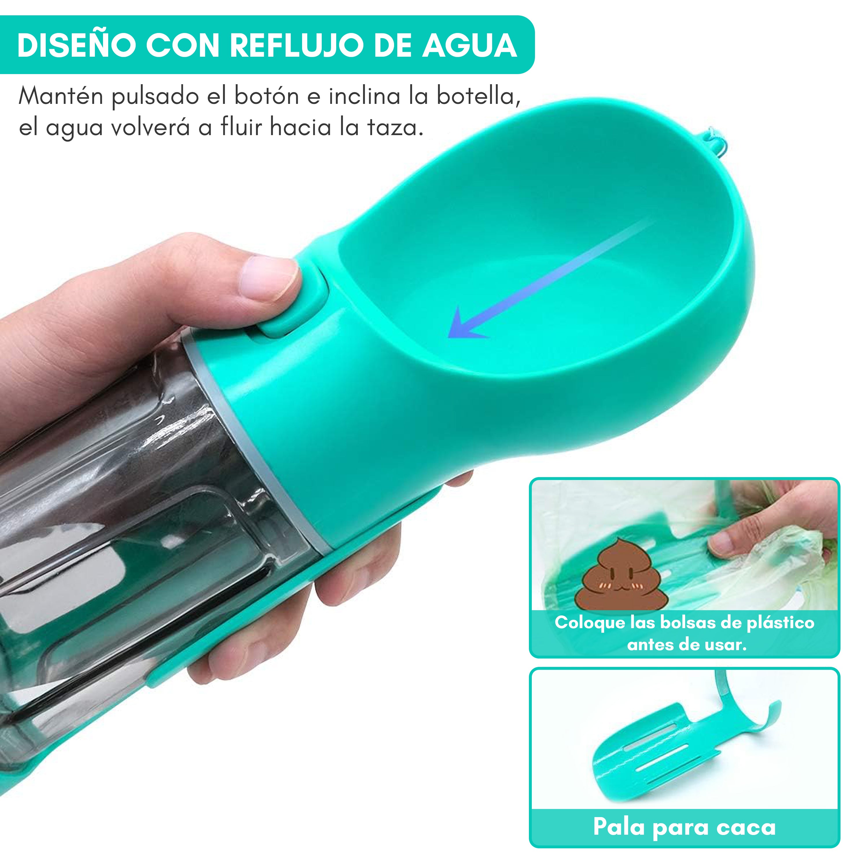 Botella portátil para perros 3 en 1 con bebedero y dispensador de bolsas