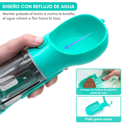 Botella portátil para perros 3 en 1 con bebedero y dispensador de bolsas