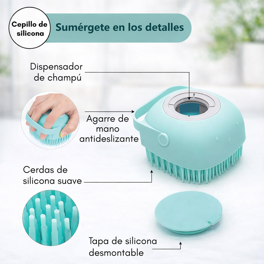 Cepillo de Baño y Masaje para Mascotas con Dispensador de Champú
