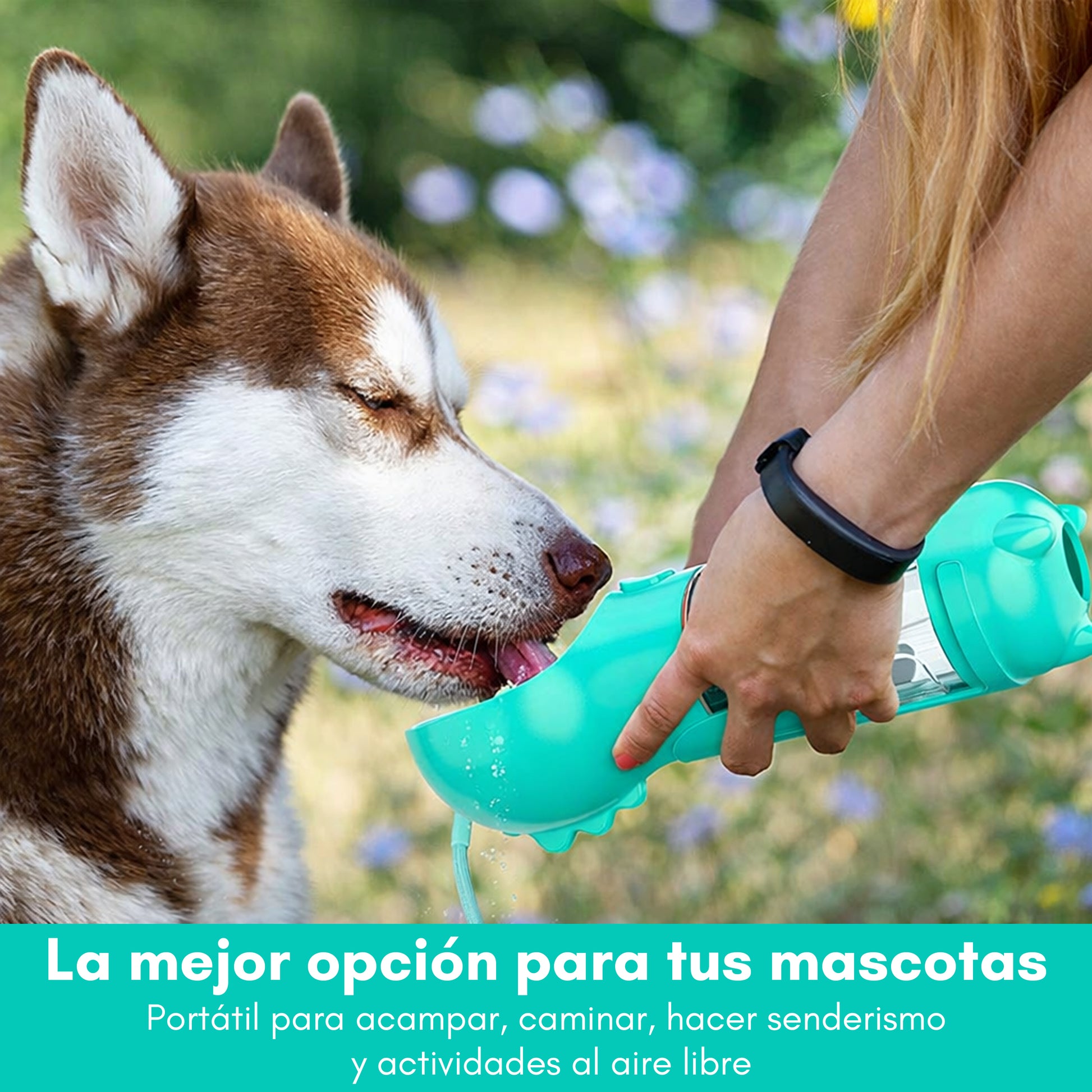 Botella portátil para perros 3 en 1 con bebedero y dispensador de bolsas